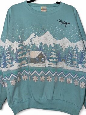 Vintage 80s Michigan winter snow ski AOP sweatshirt size large